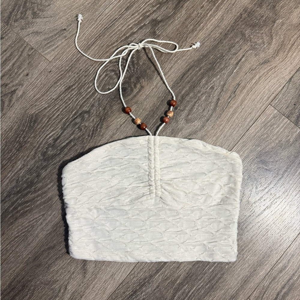 SHEIN Cream Textured Crop Top with Bead Details